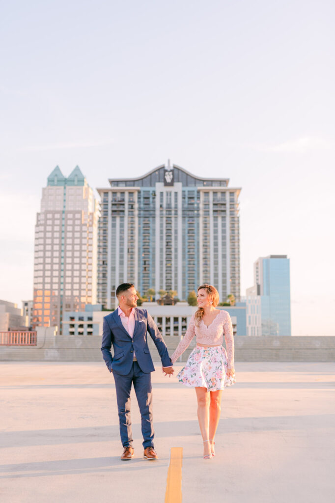 Couple walking on a rooftop in downtown Orlando